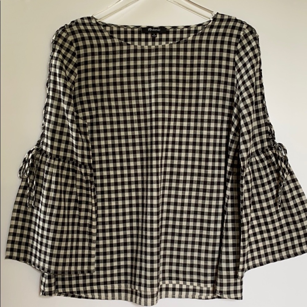 Madewell Gingham Lace Up Bell-sleeve Top